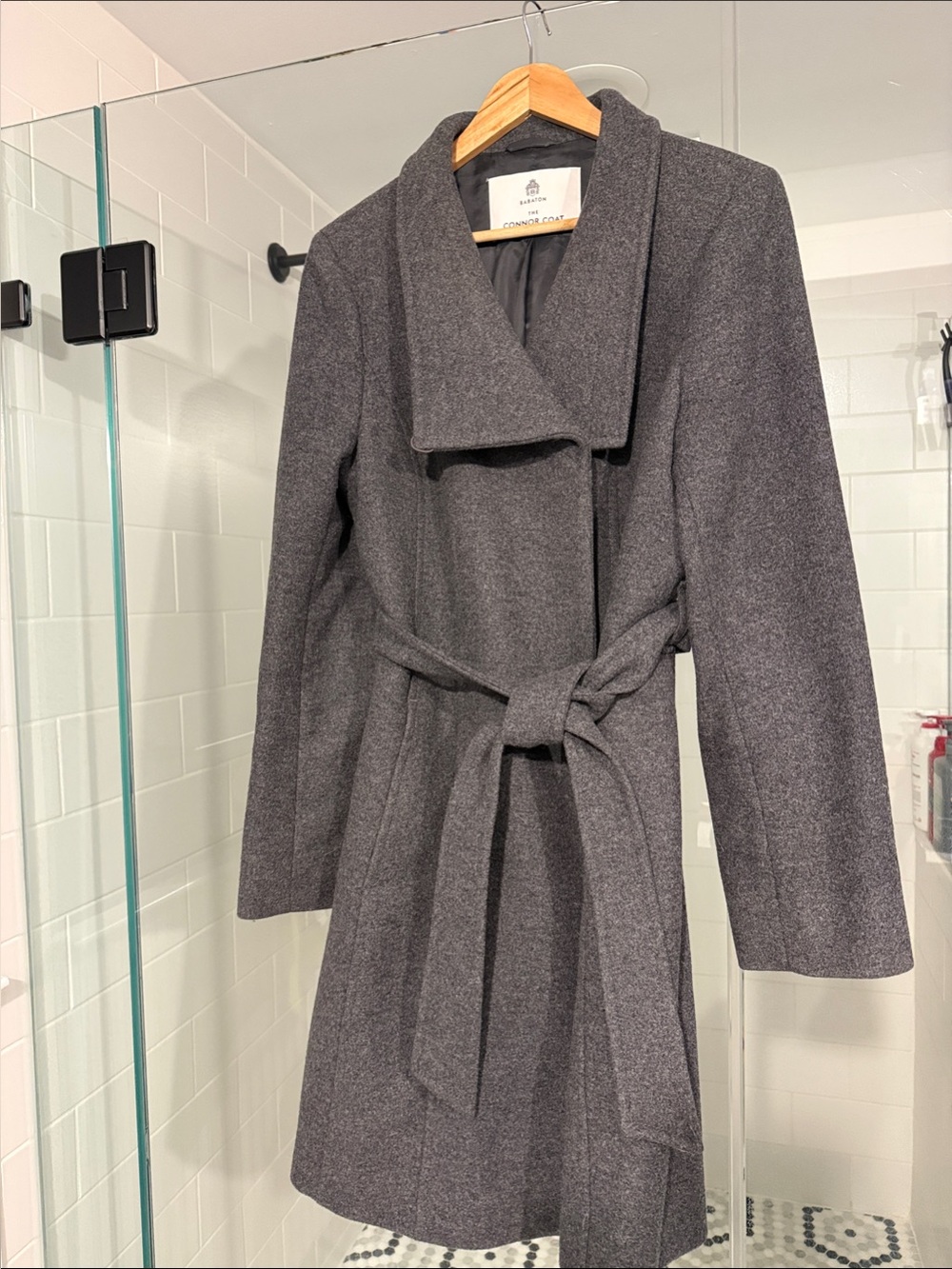 Babaton The Connor Long Coat Dark Gray Wrap Belted Robe Coat